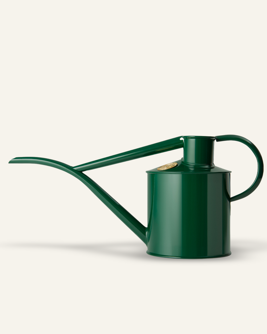 Green watering can on a white background