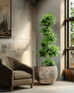 Decorative plant in a pot next to a brown armchair in a room with a tiled wall.