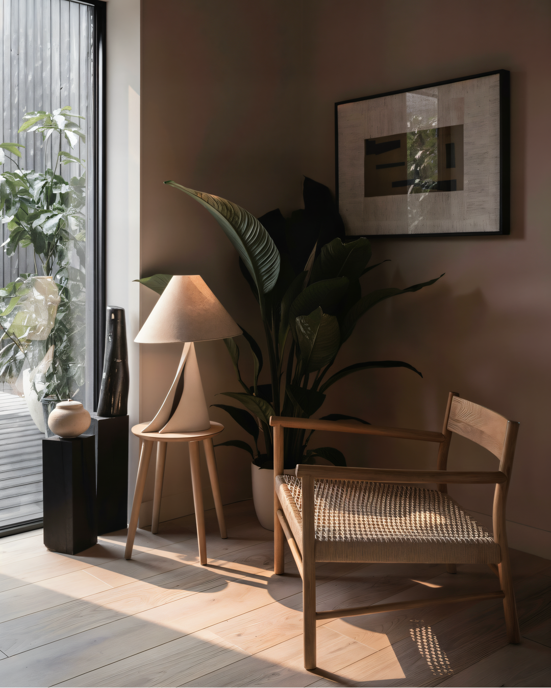Modern interior with a wooden chair, lamp, and plants in a room with a large window.
