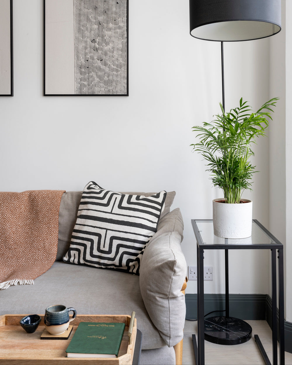 Modern living room with gray sofa, decorative pillows, and a side table with a plant.