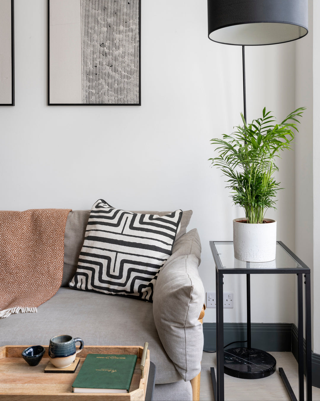 Modern living room with gray sofa, decorative pillows, and a side table with a plant.