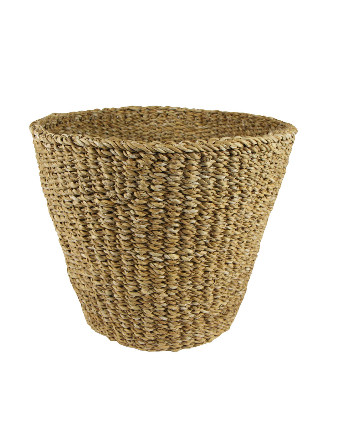 Woven seagrass basket on a white background